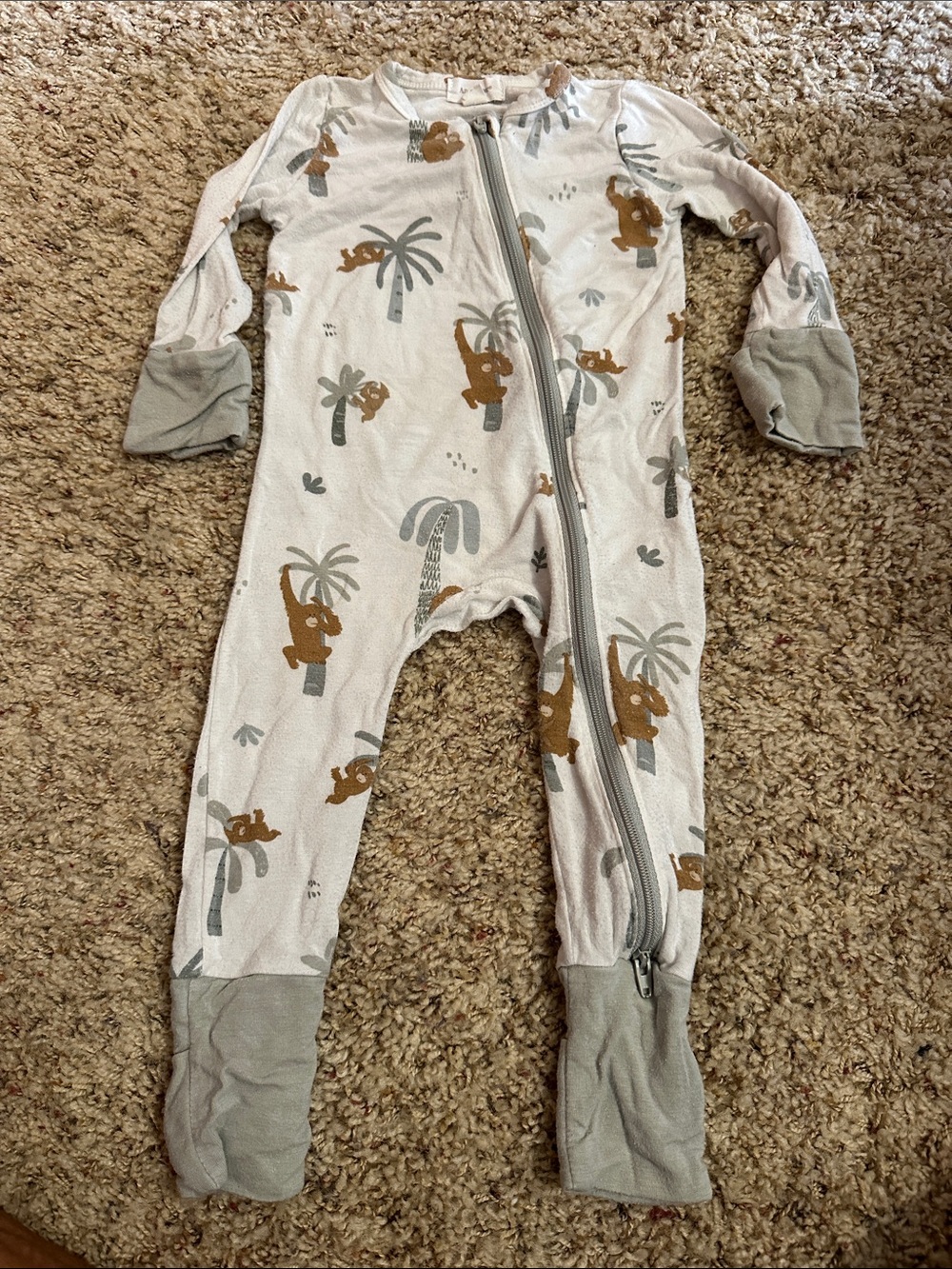 Baby Zip-Front One-Piece in Cream with Brown Monkey Print